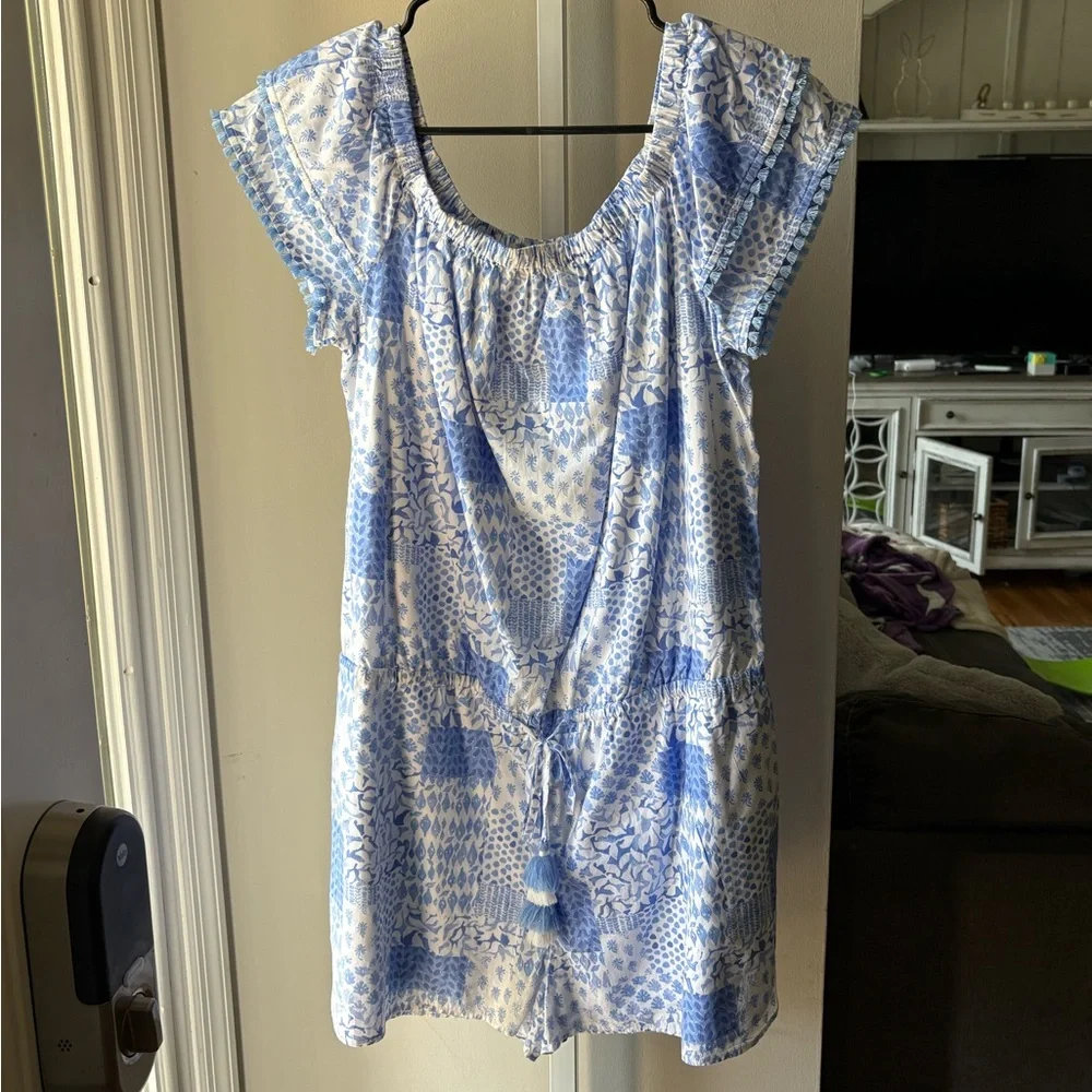 Vineyard Vines EUC Painted Patchwork Off The Shoulder 100% Cotton Romper Size L - Picture 3 of 13